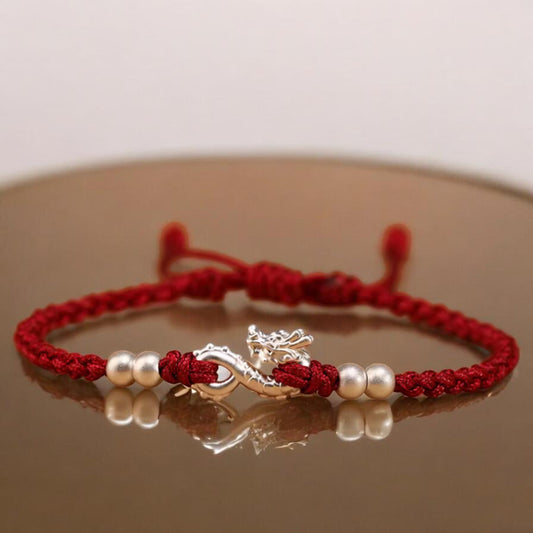 999 Pure Silver Dragon Pendant Braided Cord Adjustable Bracelet