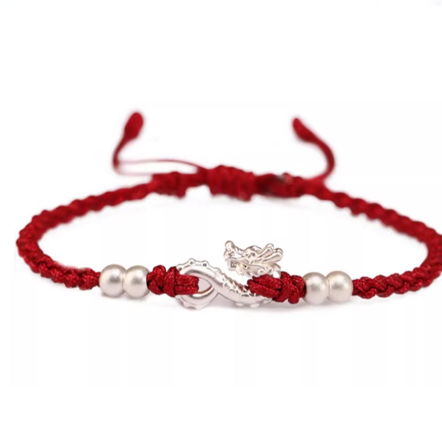999 Pure Silver Dragon Pendant Braided Cord Adjustable Bracelet