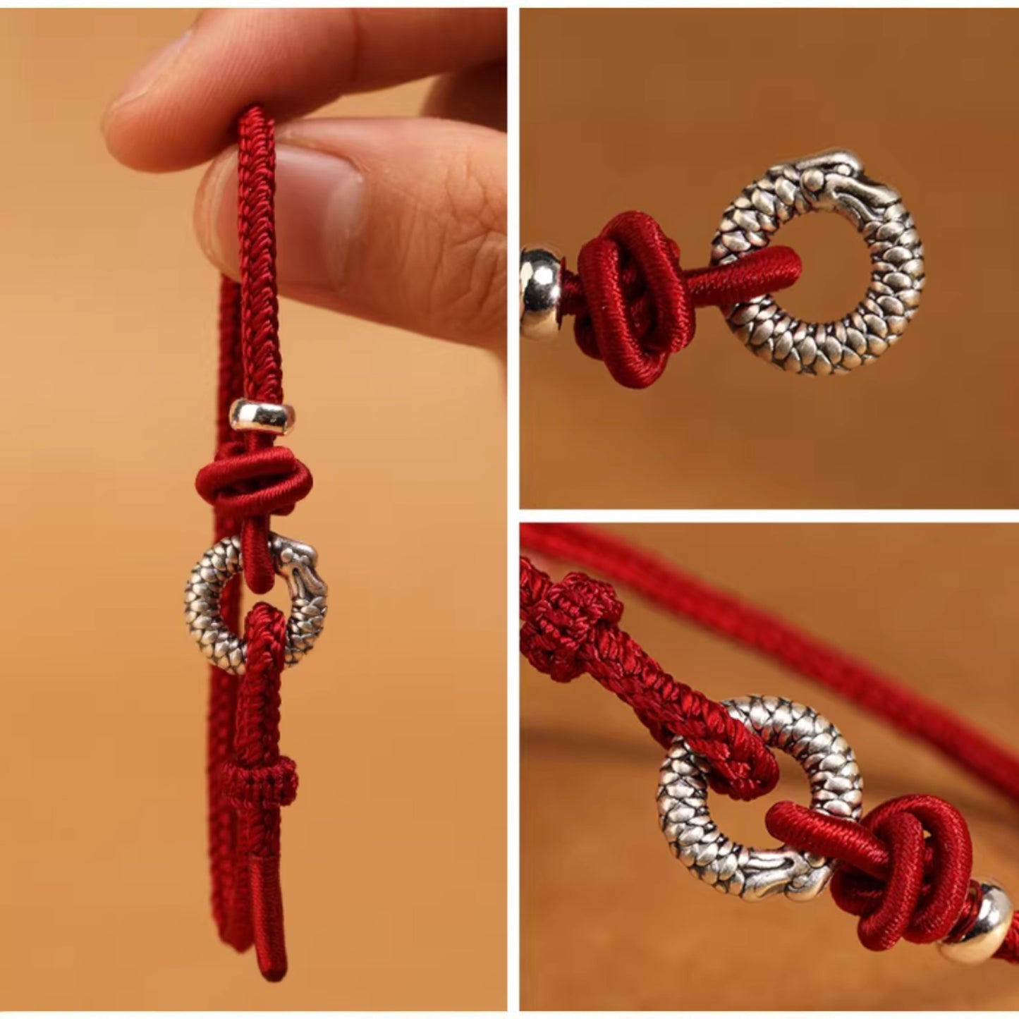 999 Real Silver Dragon Buckle Charm Rope Braided Bracelet