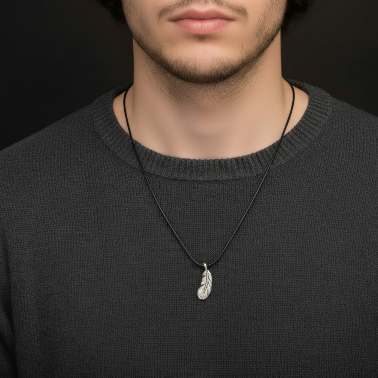 s999 Real Silver Minimal Style Feather Charm Leather Rope Necklace