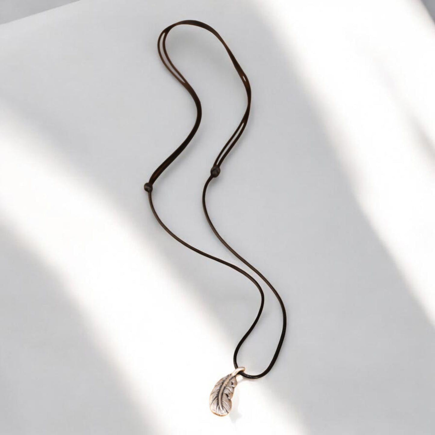 s999 Real Silver Minimal Style Feather Charm Leather Rope Necklace