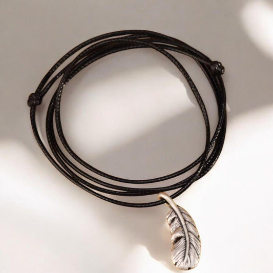 s999 Real Silver Minimal Style Feather Charm Leather Rope Necklace