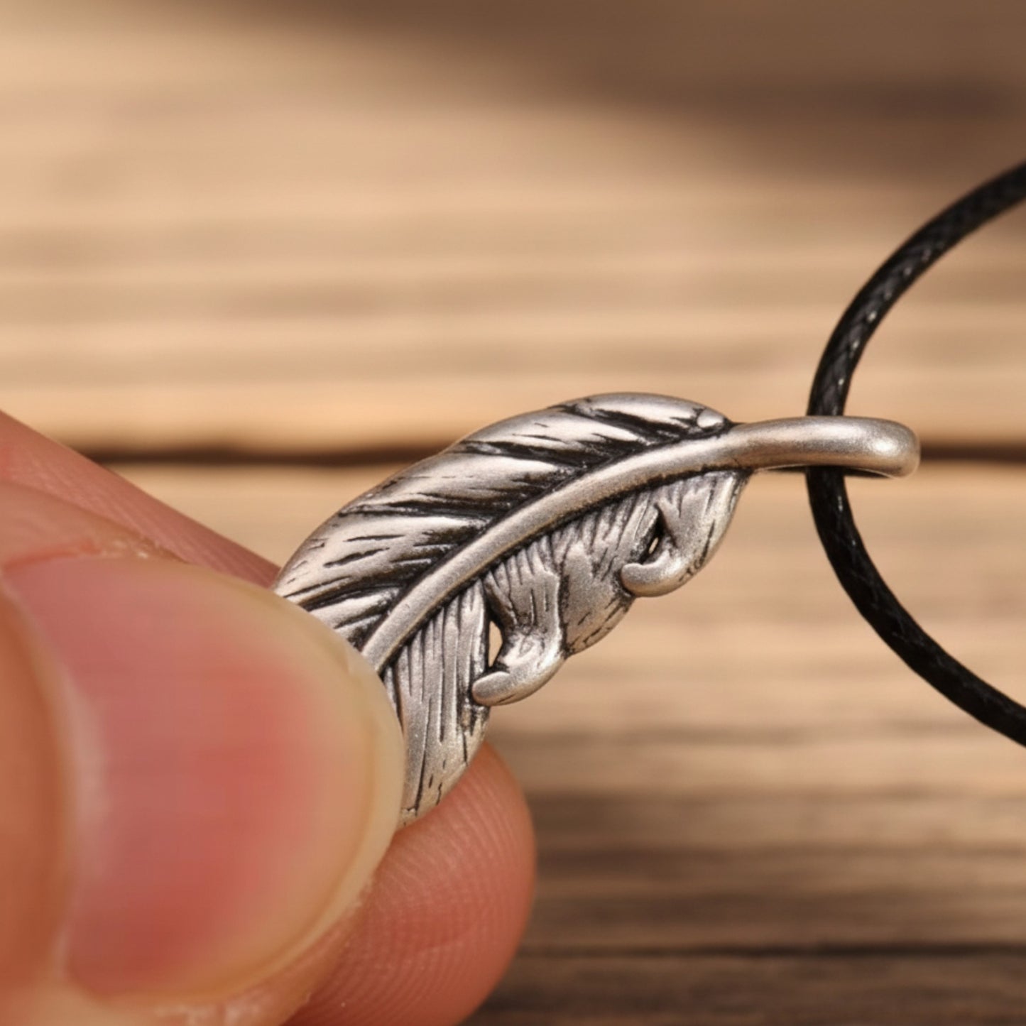 s999 Real Silver Minimal Style Feather Charm Leather Rope Necklace