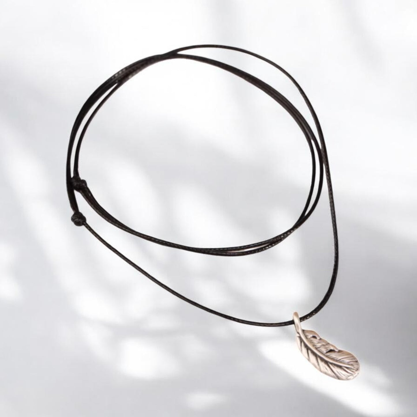 s999 Real Silver Minimal Style Feather Charm Leather Rope Necklace