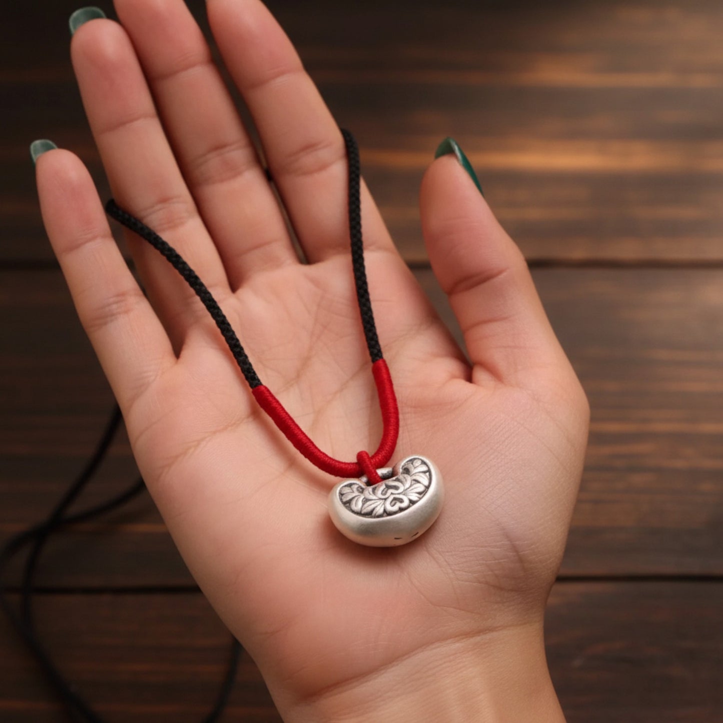 s999 Real Silver Auspicious Longevity Lock Charm Braided Rope Necklace