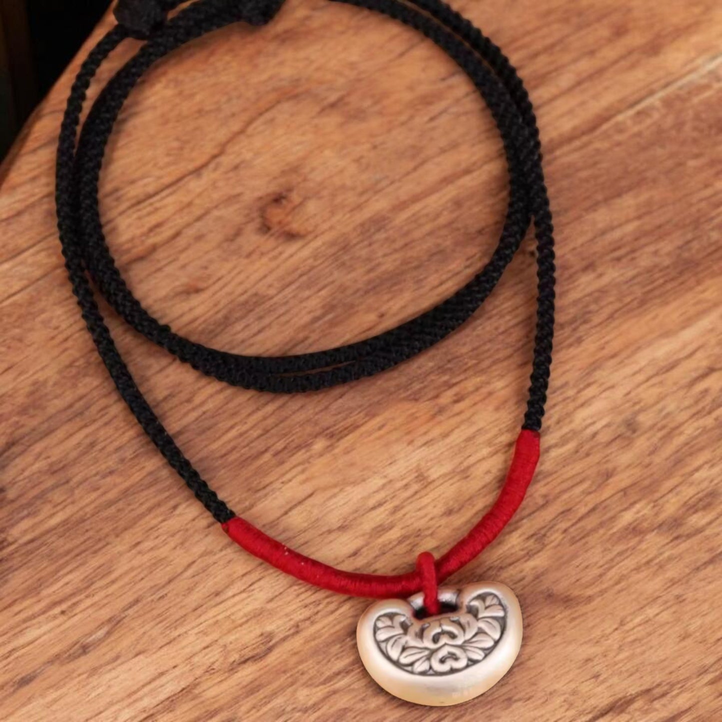 s999 Real Silver Auspicious Longevity Lock Charm Braided Rope Necklace