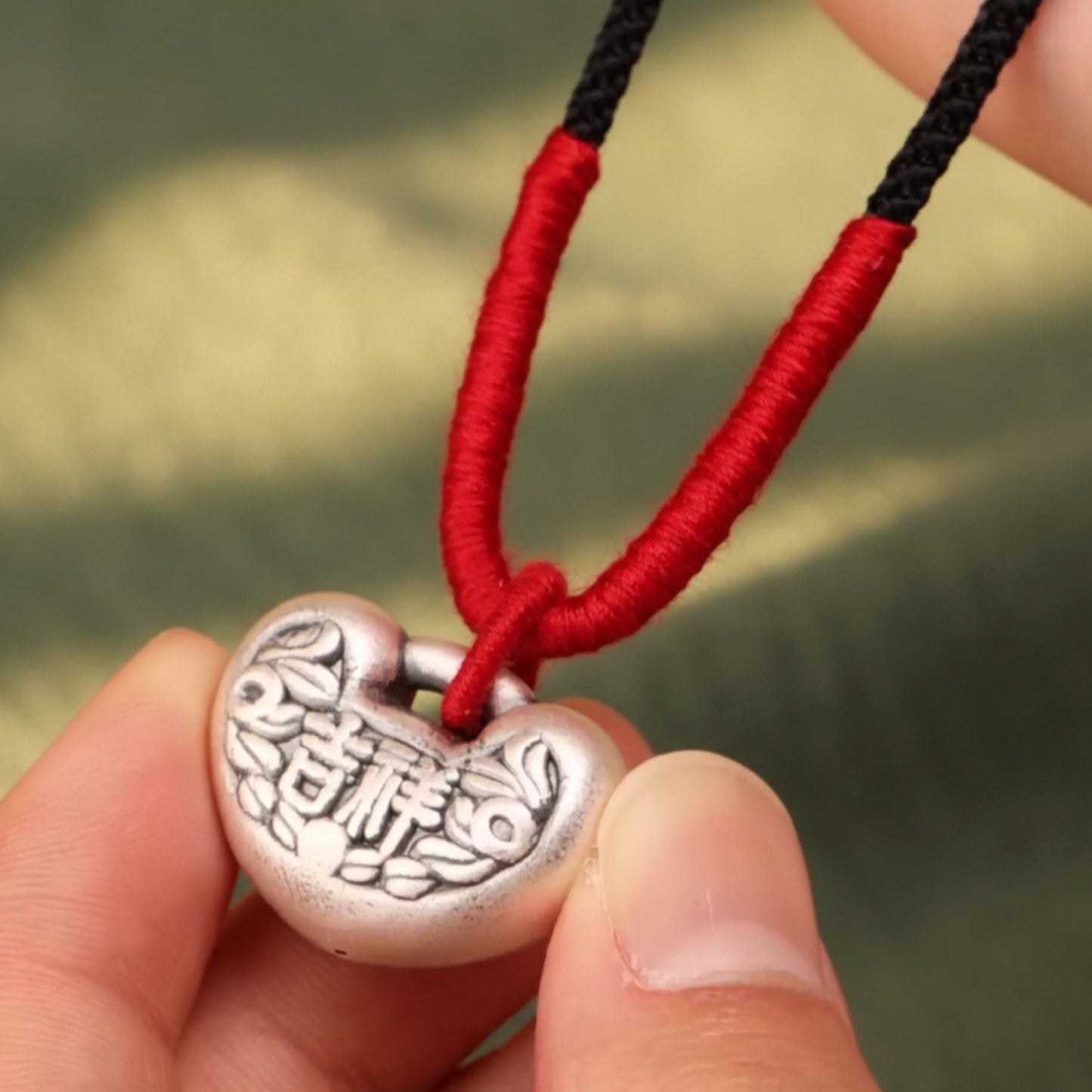 s999 Real Silver Auspicious Longevity Lock Charm Braided Rope Necklace