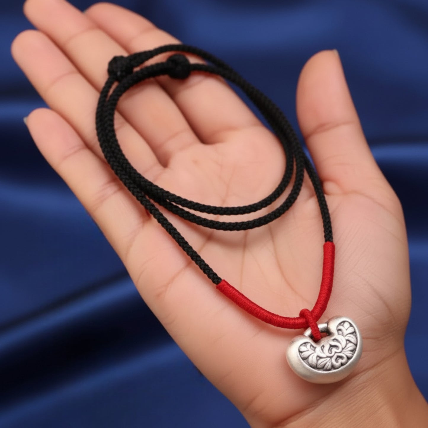 s999 Real Silver Auspicious Longevity Lock Charm Braided Rope Necklace