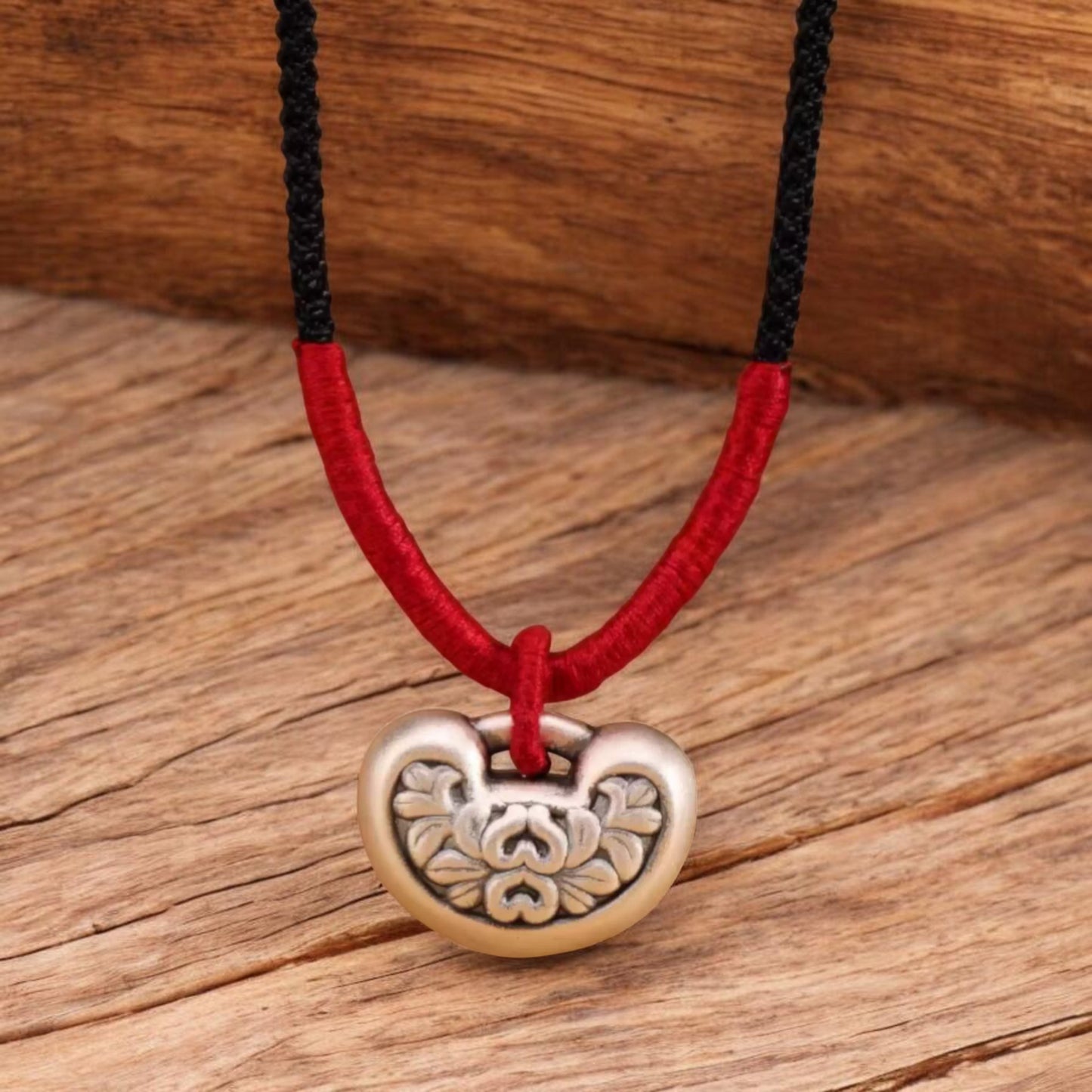 s999 Real Silver Auspicious Longevity Lock Charm Braided Rope Necklace