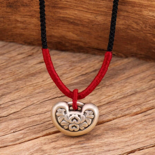 s999 Real Silver Auspicious Longevity Lock Charm Braided Rope Necklace