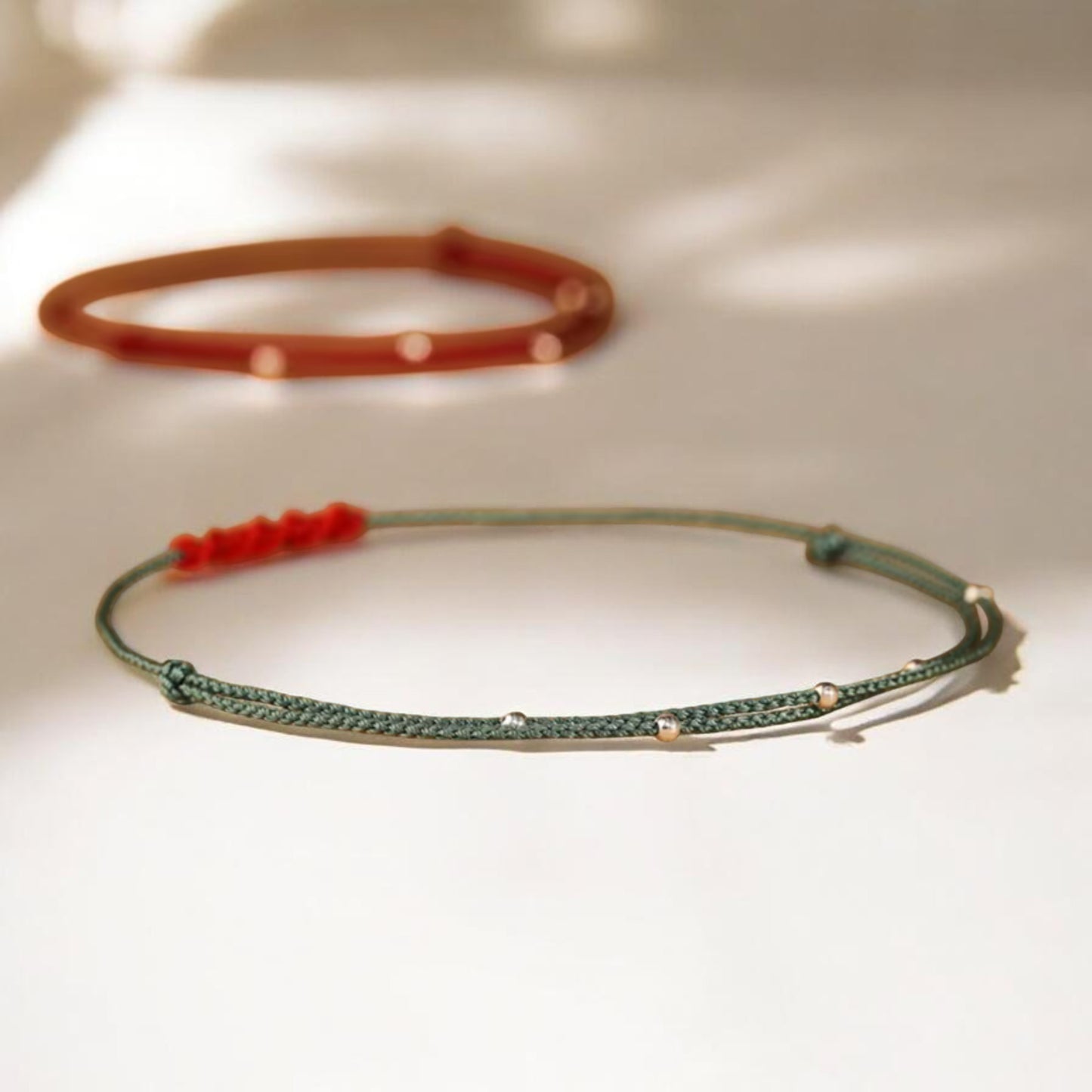 990 Silver Thin Minimal Beads Braided Cord Adjustable Anklet or Bracelet