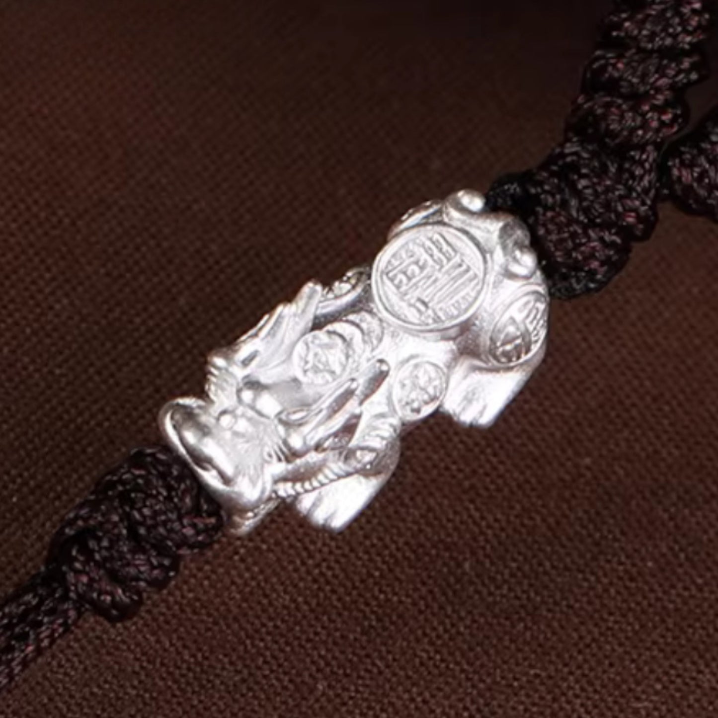 999 Pure Silver Pixiu Charm Hand Braided Rope KeyChain Accessories