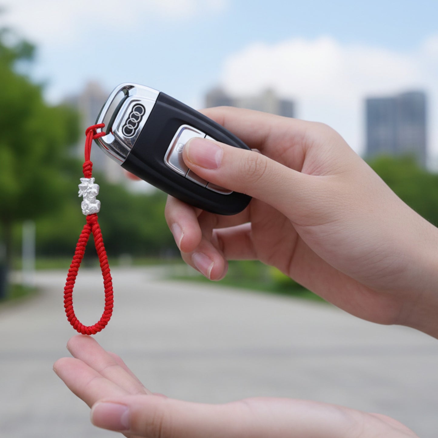 999 Pure Silver Pixiu Charm Hand Braided Rope KeyChain Accessories