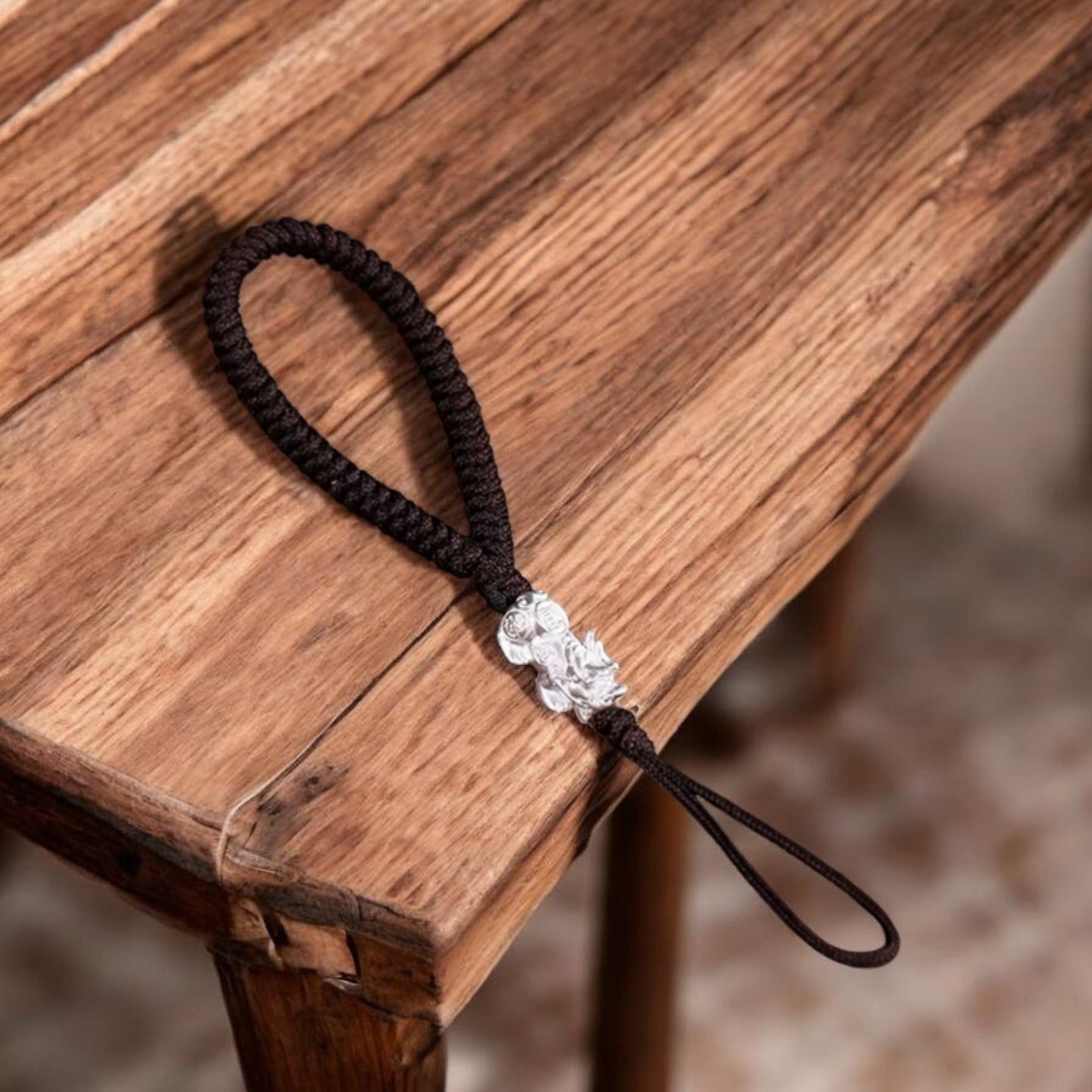 999 Pure Silver Pixiu Charm Hand Braided Rope KeyChain Accessories
