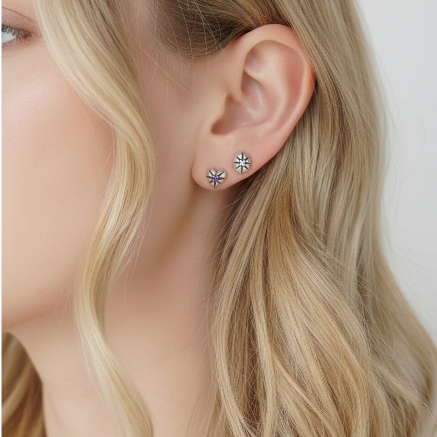S925 Sterling Silver Heart Starburst Zircon Stud Earrings