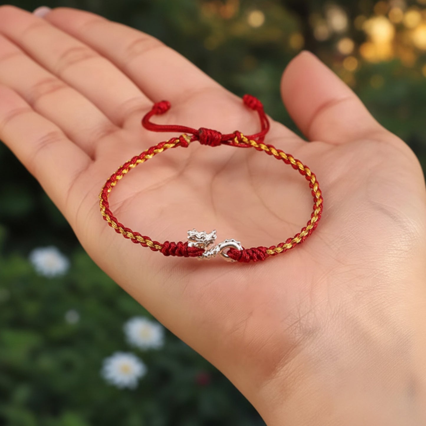 999 Pure Silver Dragon Pendant Braided Cord Adjustable Bracelet