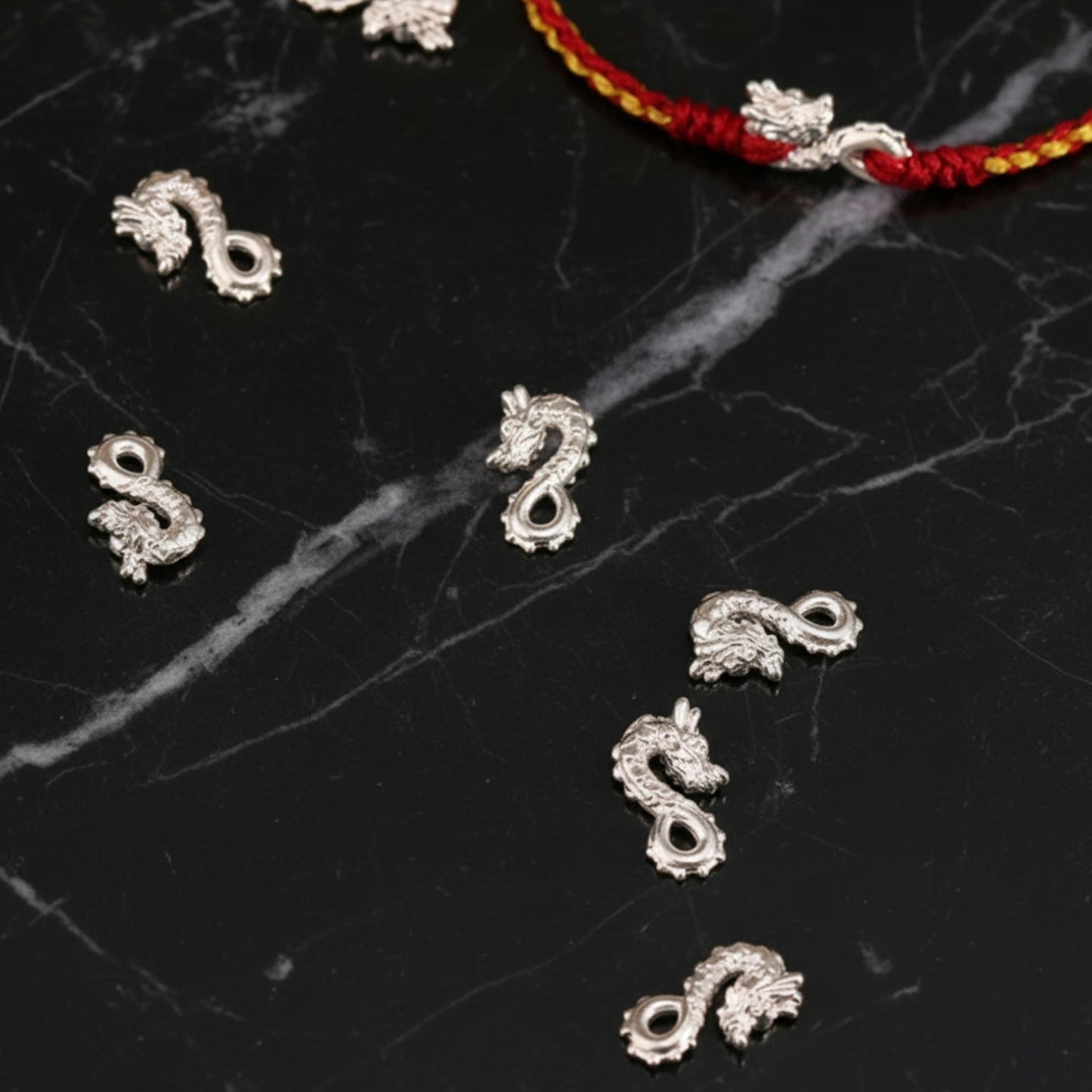 999 Pure Silver Dragon Pendant Braided Cord Adjustable Bracelet