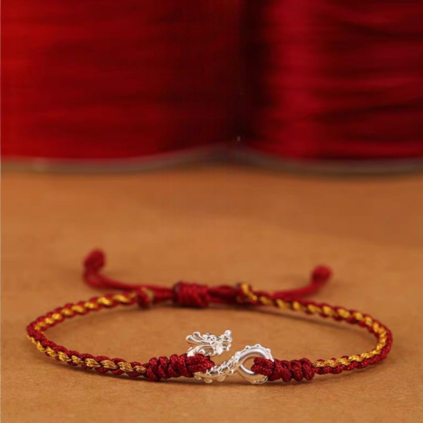 999 Pure Silver Dragon Pendant Braided Cord Adjustable Bracelet
