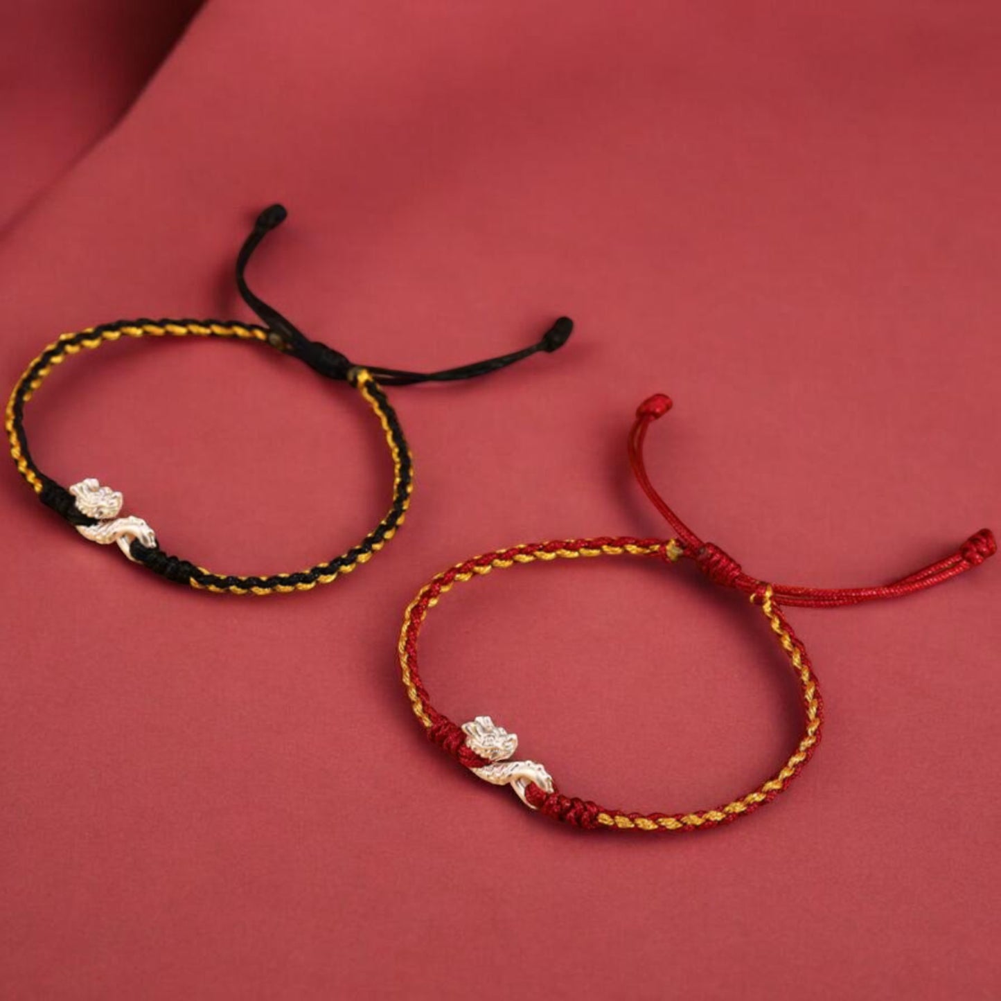 999 Pure Silver Dragon Pendant Braided Cord Adjustable Bracelet