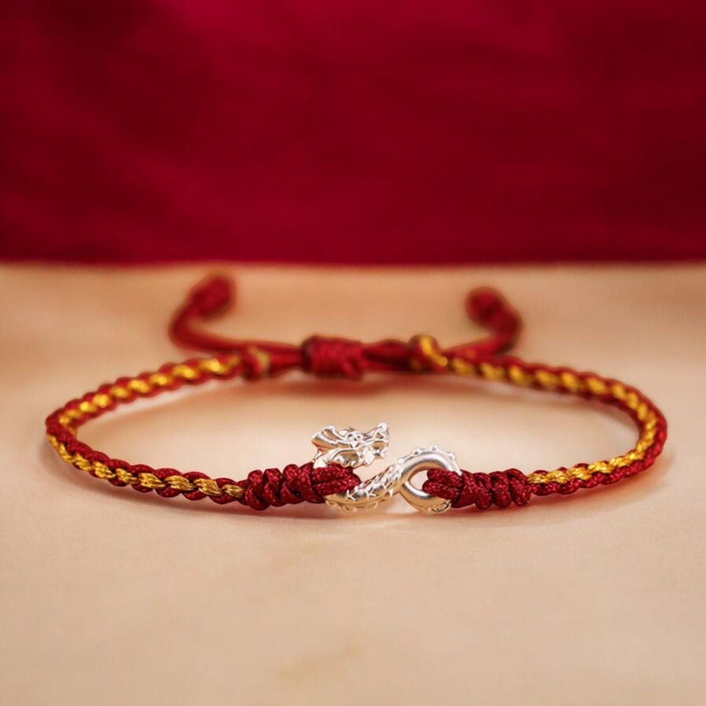 999 Pure Silver Dragon Pendant Braided Cord Adjustable Bracelet
