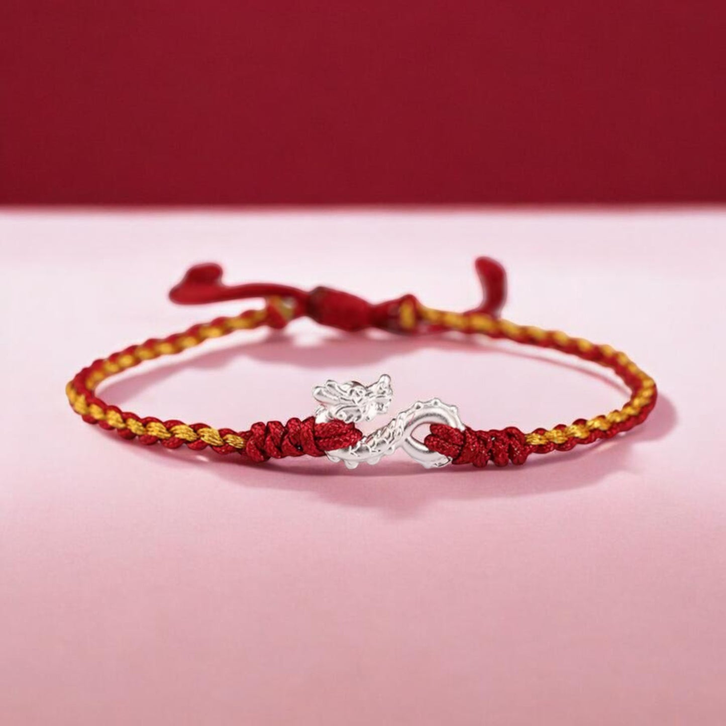 999 Pure Silver Dragon Pendant Braided Cord Adjustable Bracelet