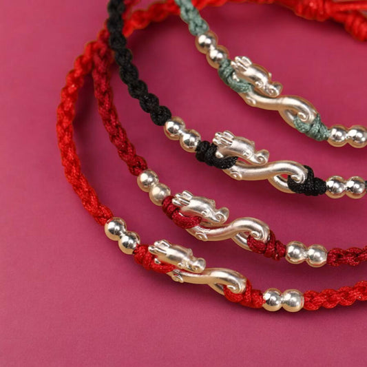 999 Pure Silver Dragon Pendant Braided Cord Adjustable Bracelet and Anklet