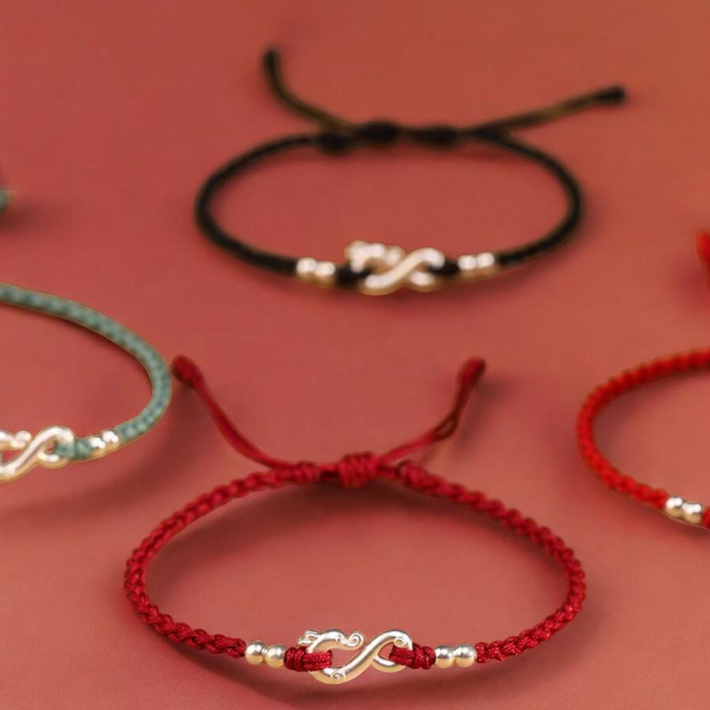999 Pure Silver Dragon Pendant Braided Cord Adjustable Bracelet and Anklet