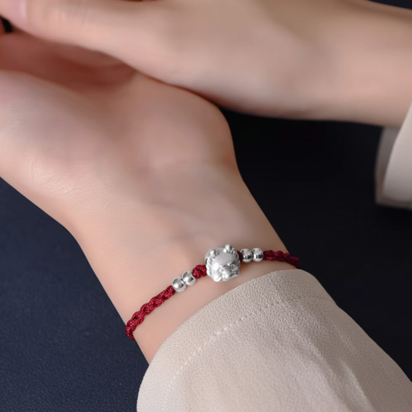 999 Pure Silver Dragon Pendant Braided Cord Adjustable Bracelet and Anklet