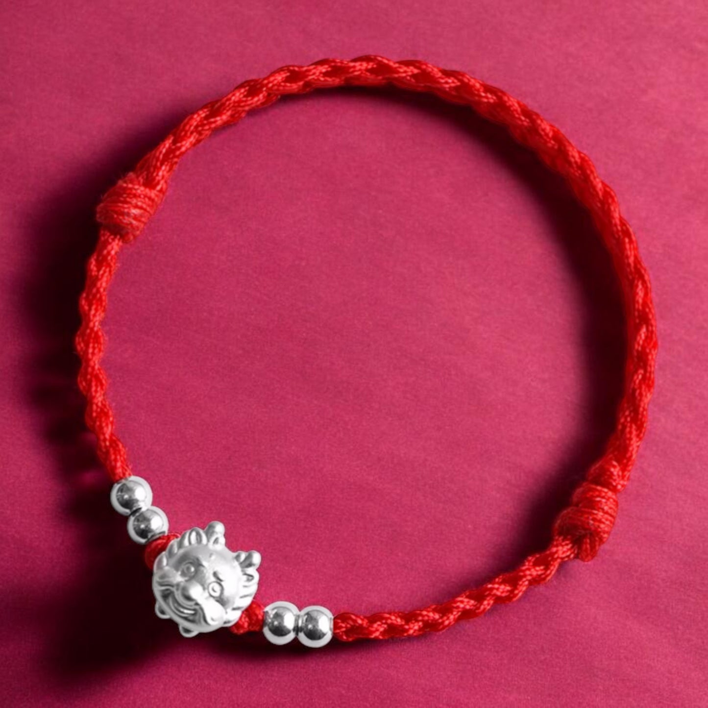 999 Pure Silver Dragon Pendant Braided Cord Adjustable Bracelet and Anklet
