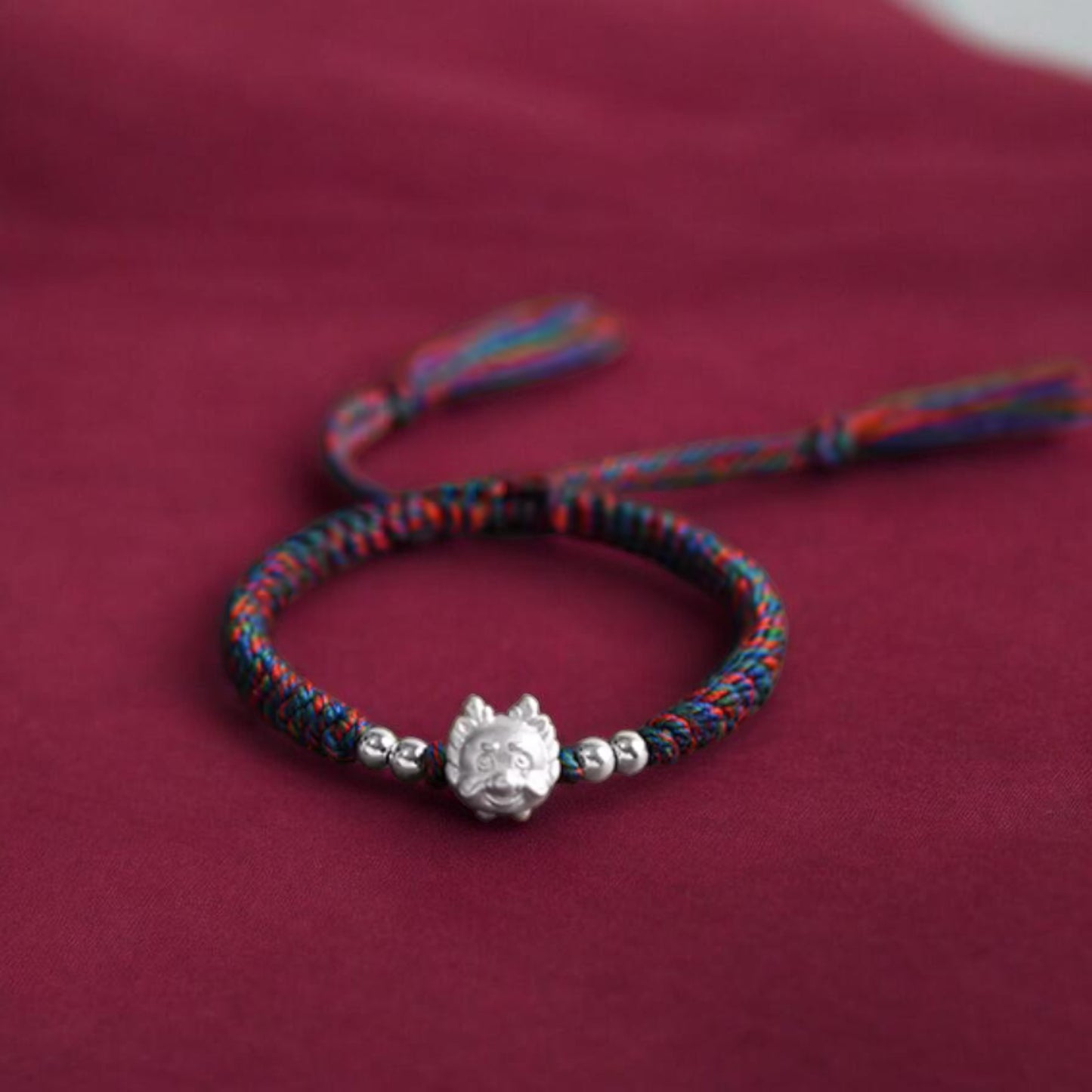 999 Pure Silver Dragon Pendant Braided Cord Adjustable Bracelet