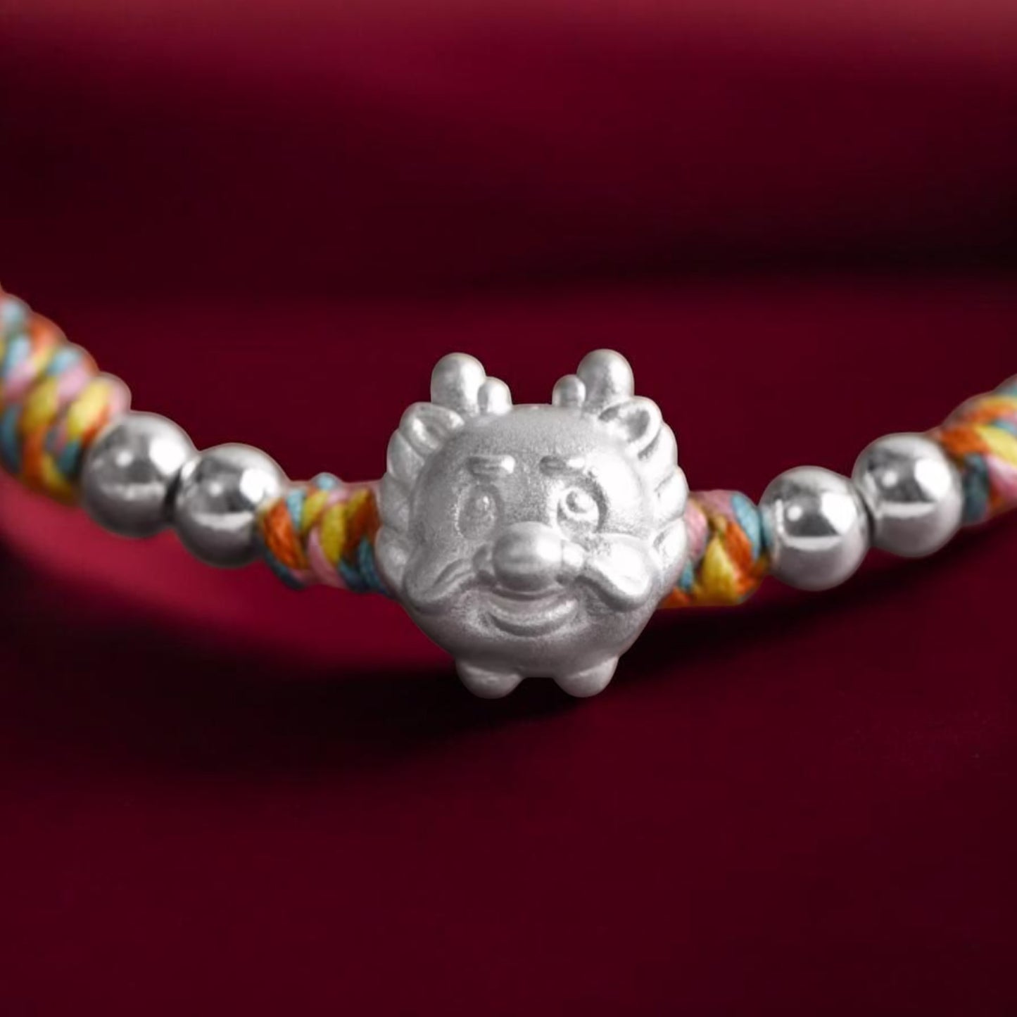 999 Pure Silver Dragon Pendant Braided Cord Adjustable Bracelet