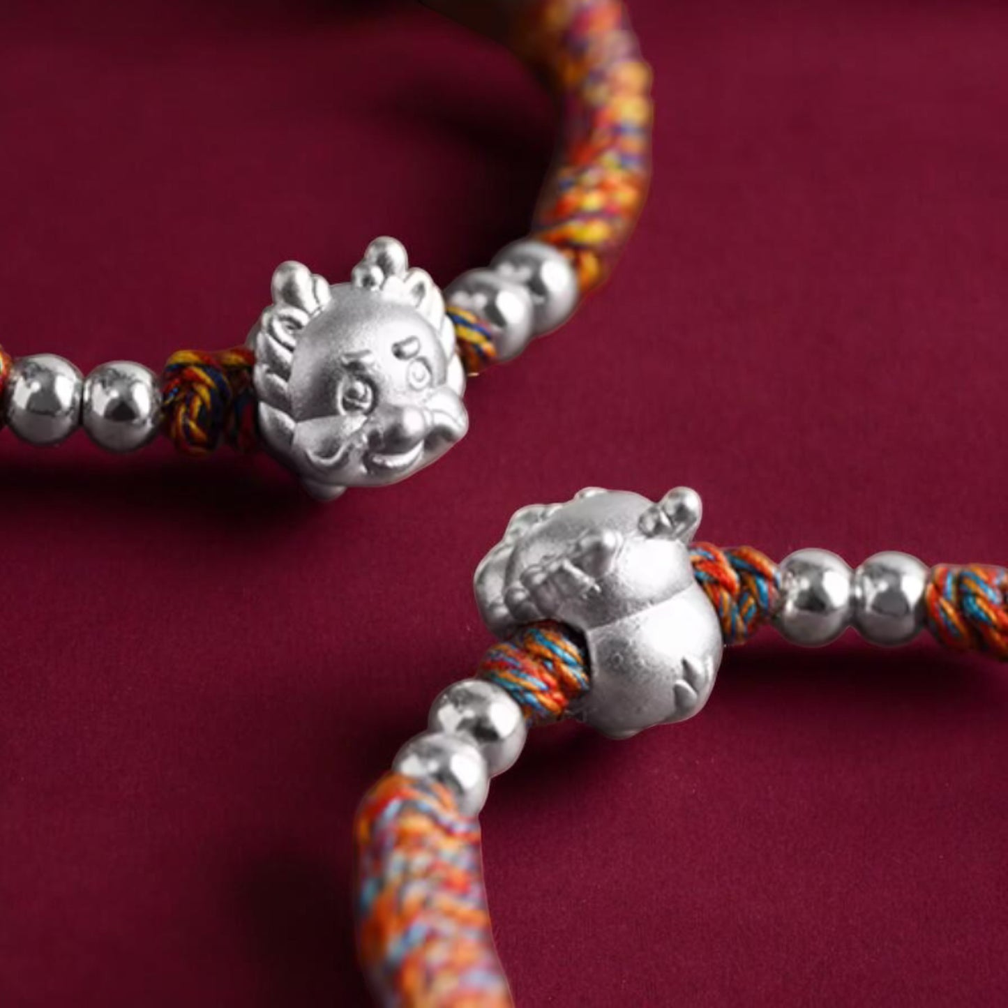 999 Pure Silver Dragon Pendant Braided Cord Adjustable Bracelet