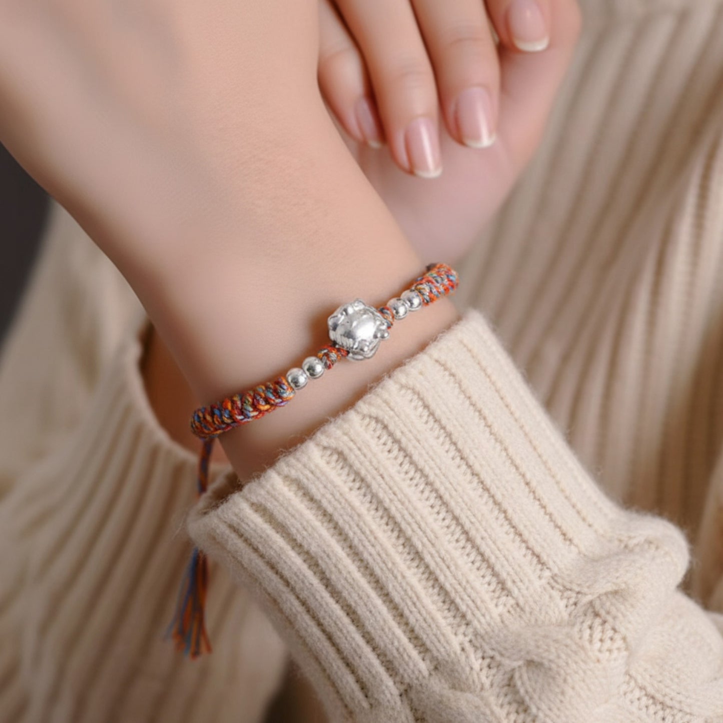 999 Pure Silver Dragon Pendant Braided Cord Adjustable Bracelet