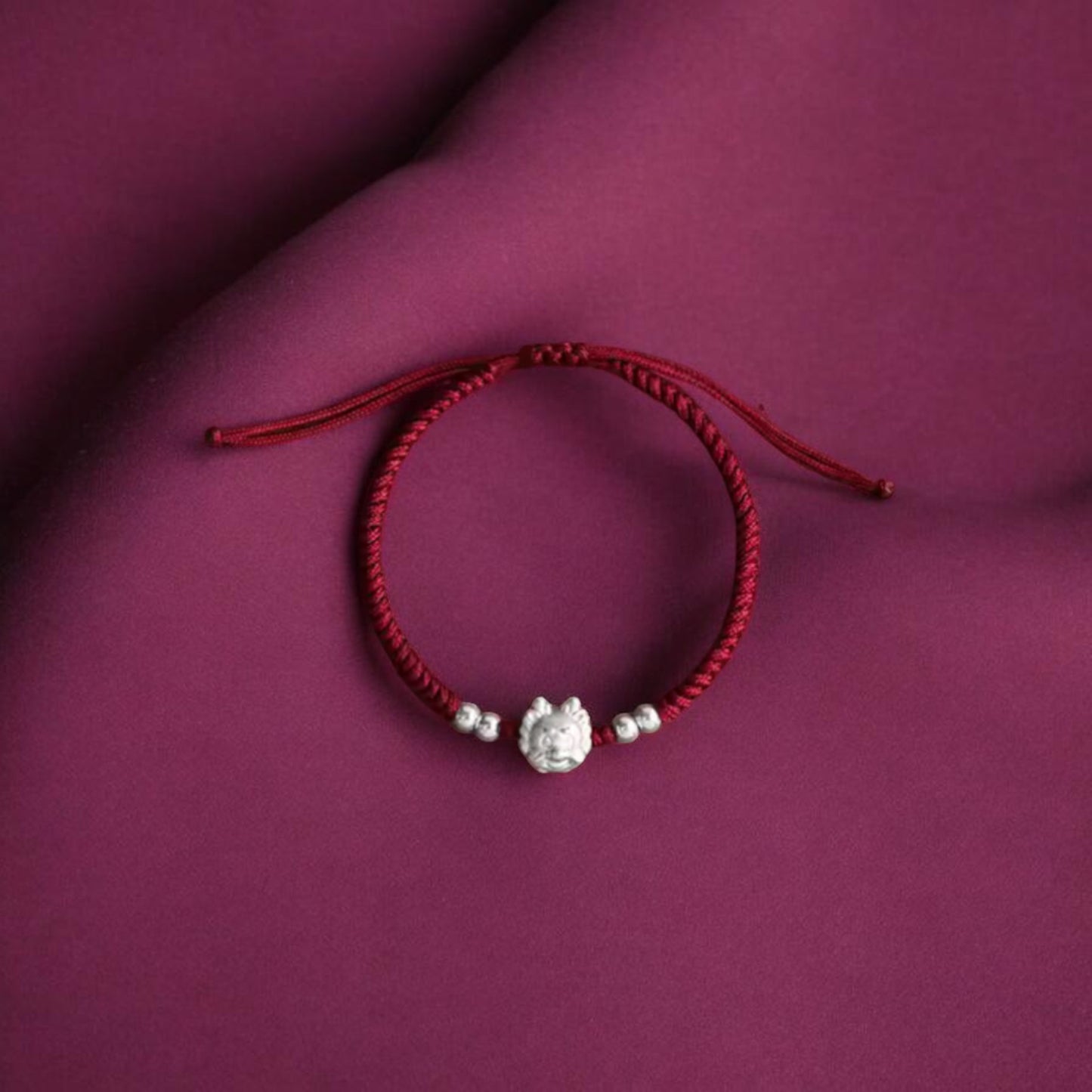 999 Pure Silver Cute Dragon Pendant Braided Cord Adjustable Bracelet