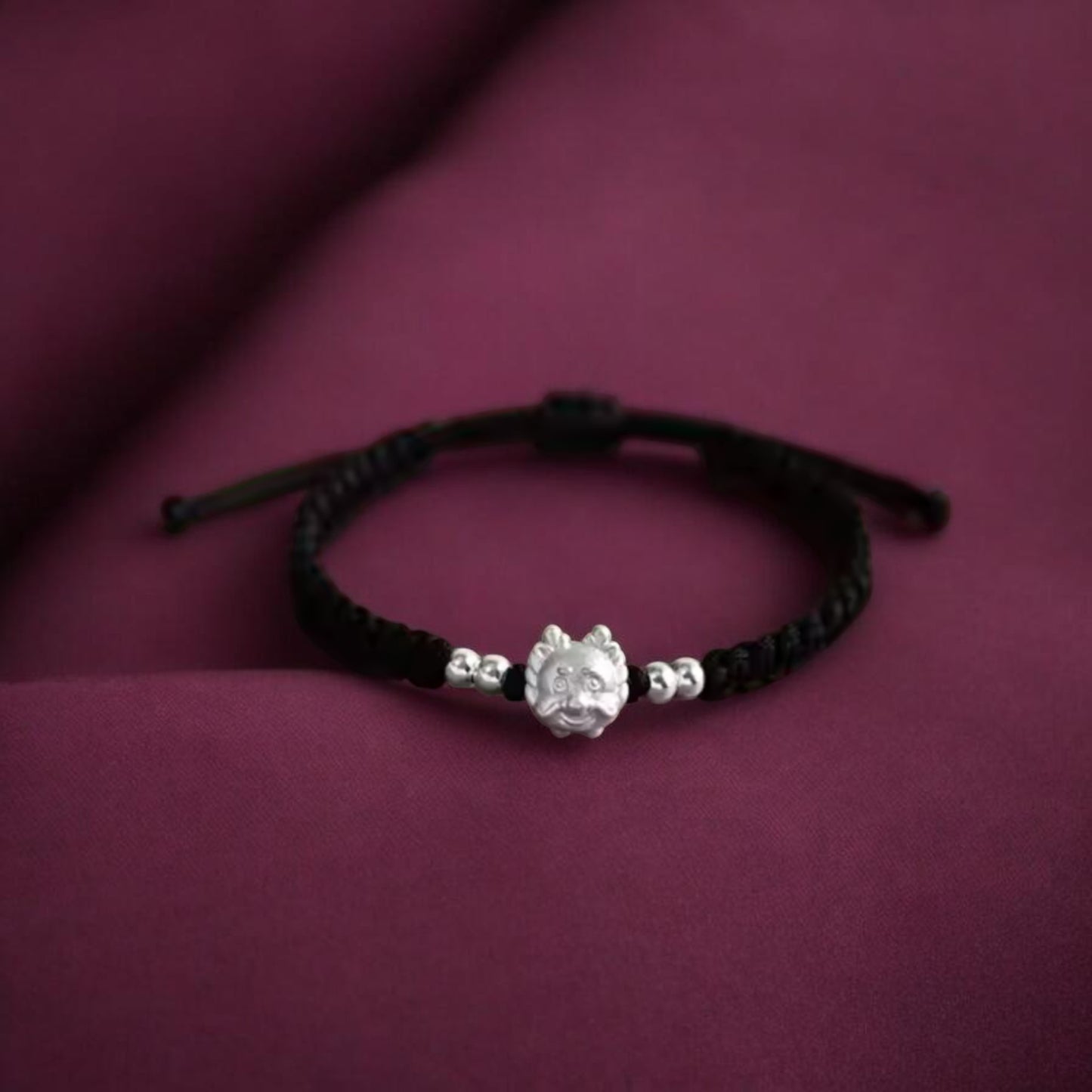 999 Pure Silver Cute Dragon Pendant Braided Cord Adjustable Bracelet