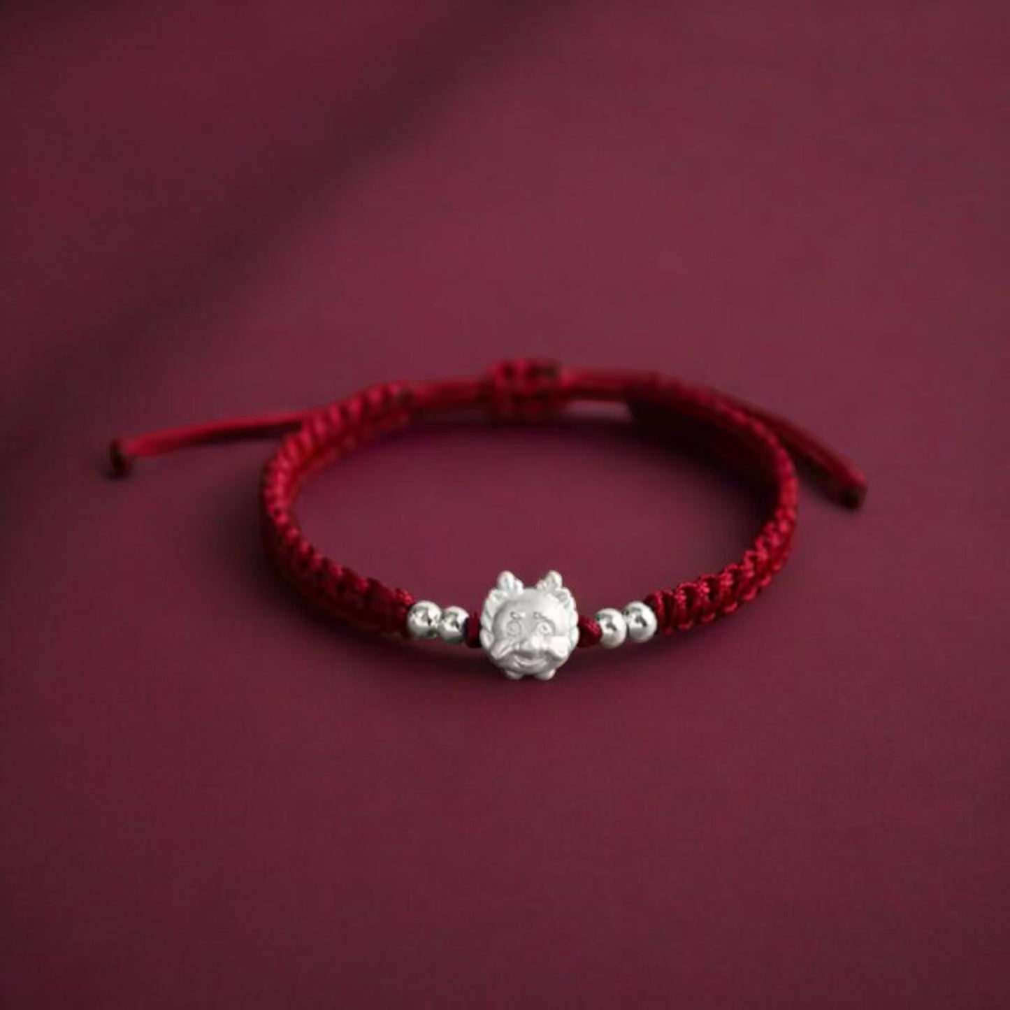 999 Pure Silver Cute Dragon Pendant Braided Cord Adjustable Bracelet