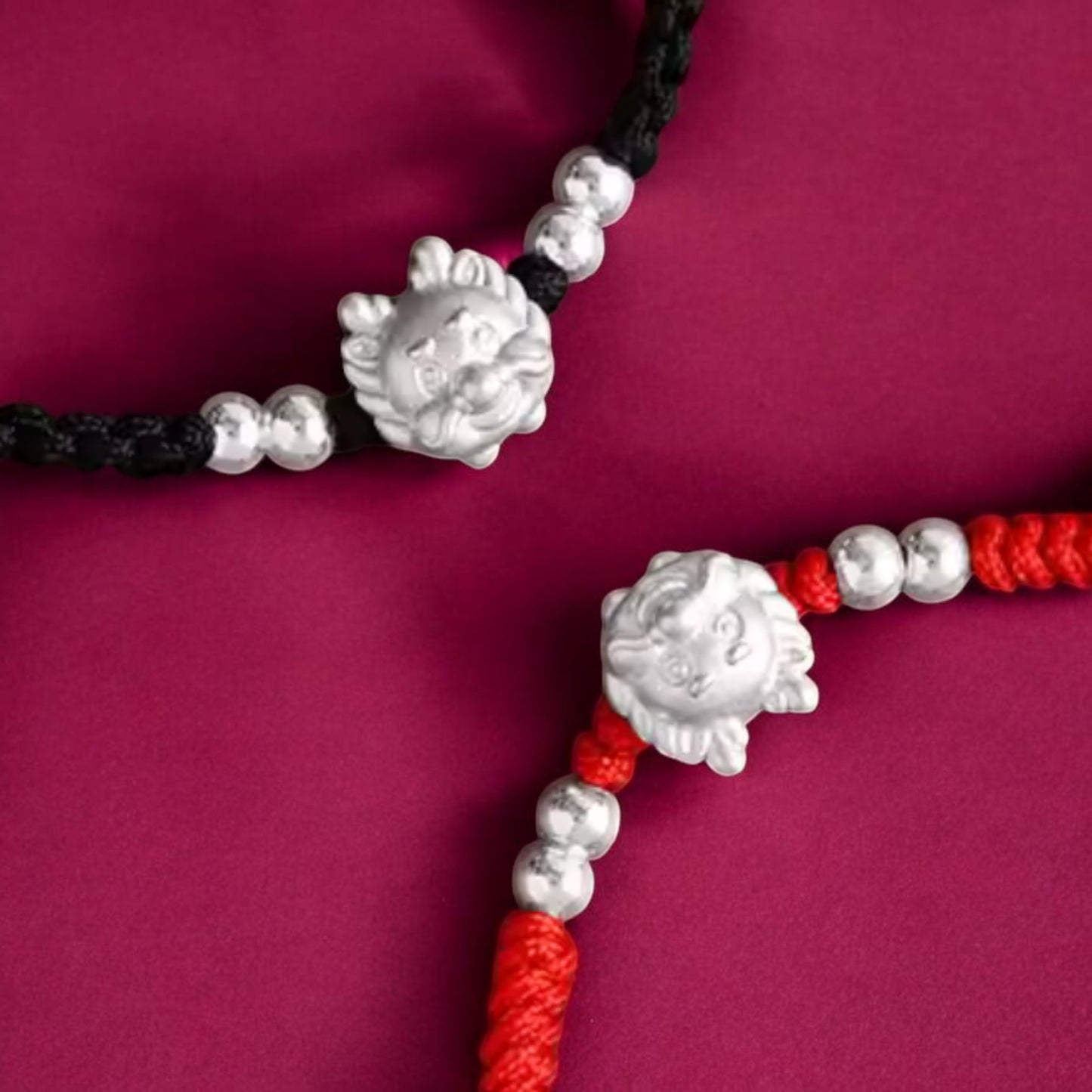 999 Pure Silver Cute Dragon Pendant Braided Cord Adjustable Bracelet