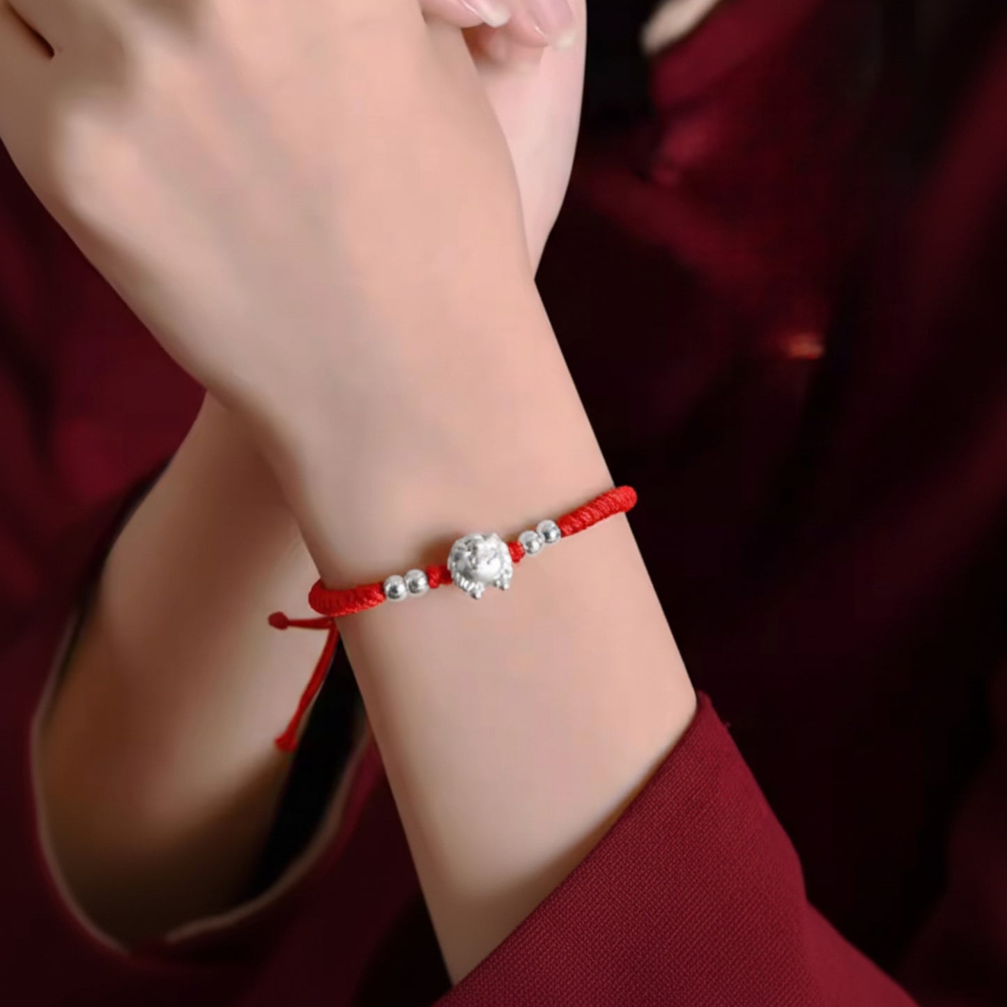 999 Pure Silver Cute Dragon Pendant Braided Cord Adjustable Bracelet