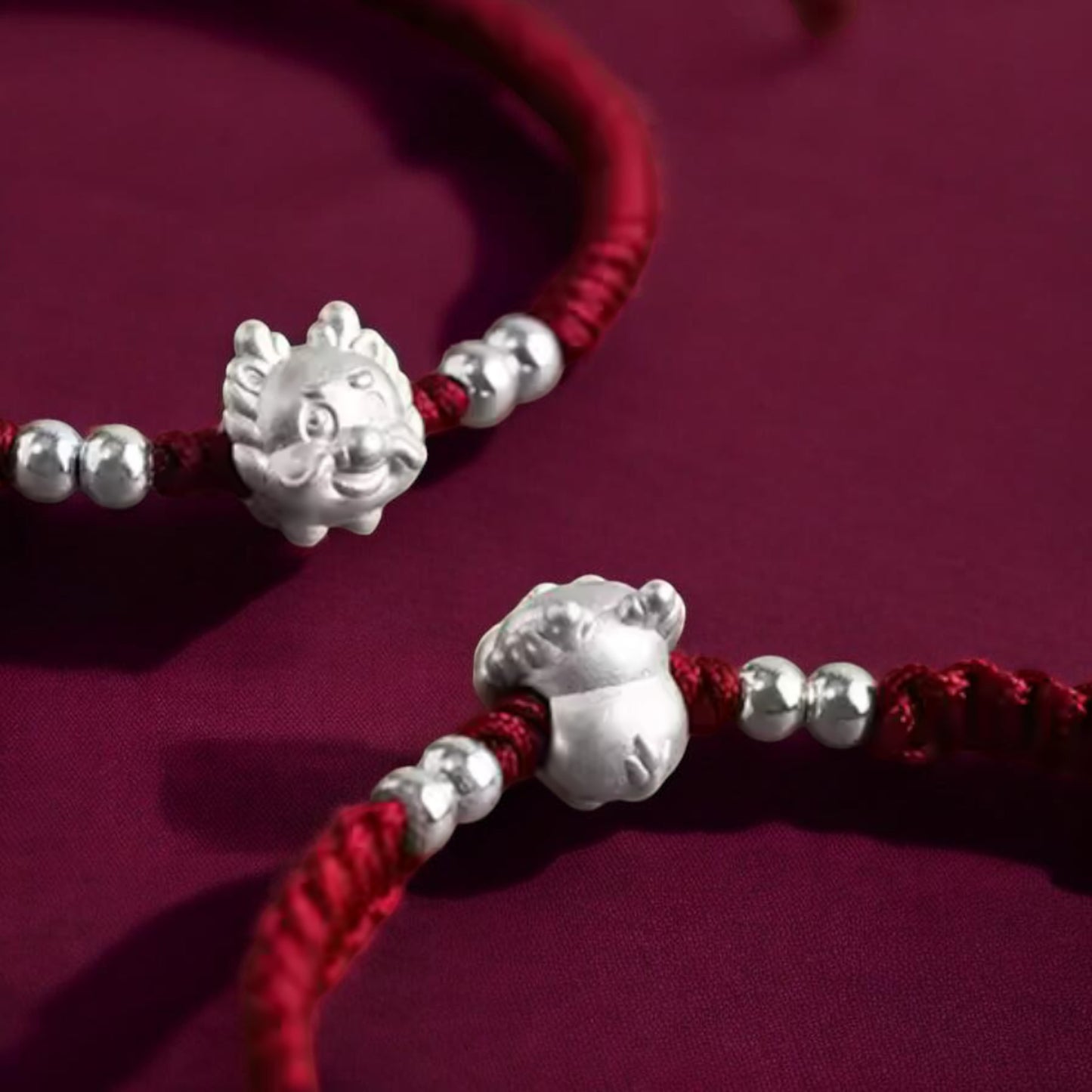 999 Pure Silver Cute Dragon Pendant Braided Cord Adjustable Bracelet