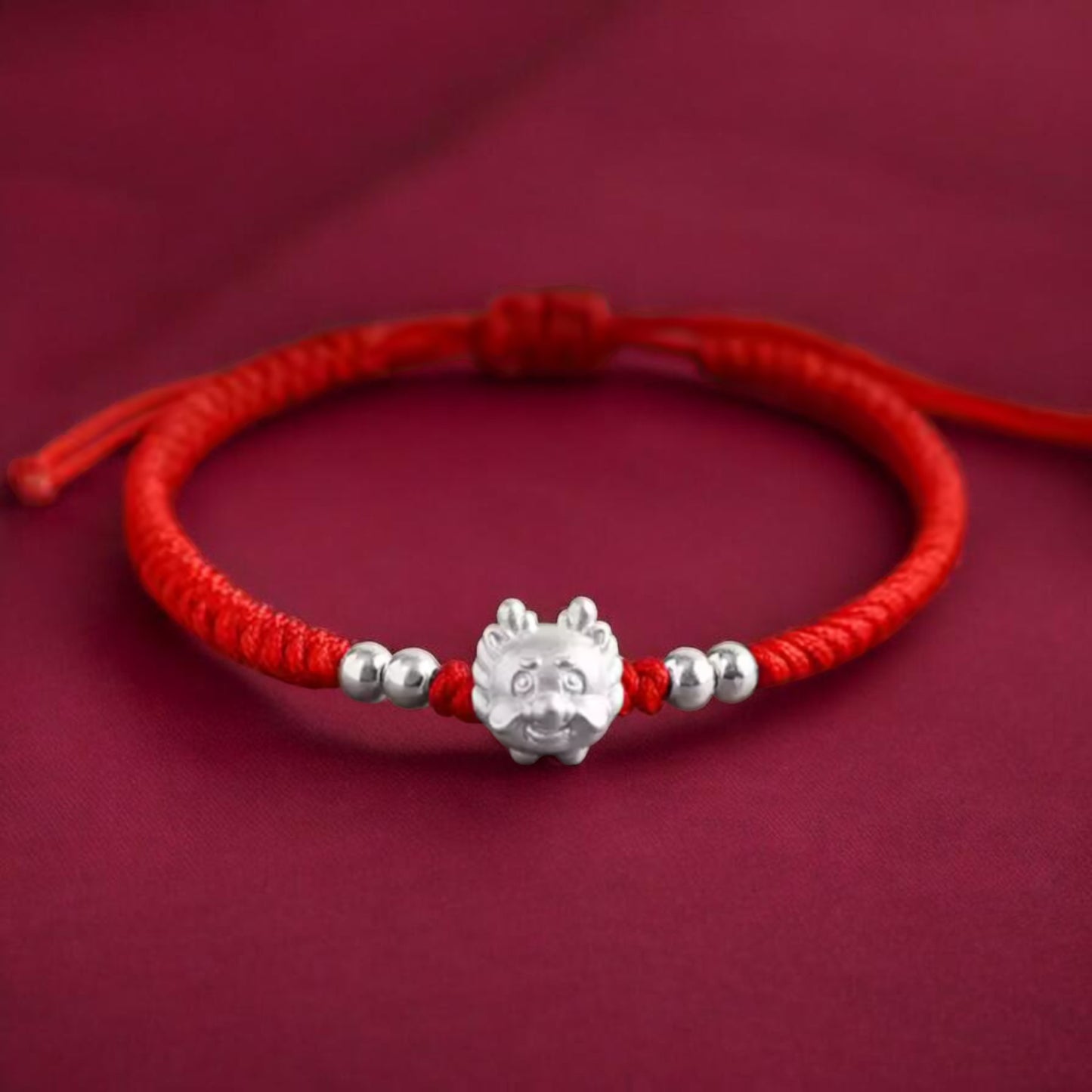 999 Pure Silver Cute Dragon Pendant Braided Cord Adjustable Bracelet
