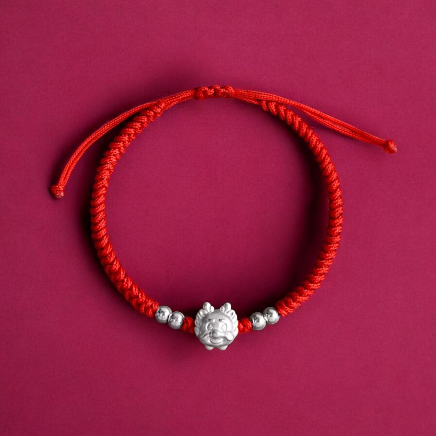 999 Pure Silver Cute Dragon Pendant Braided Cord Adjustable Bracelet