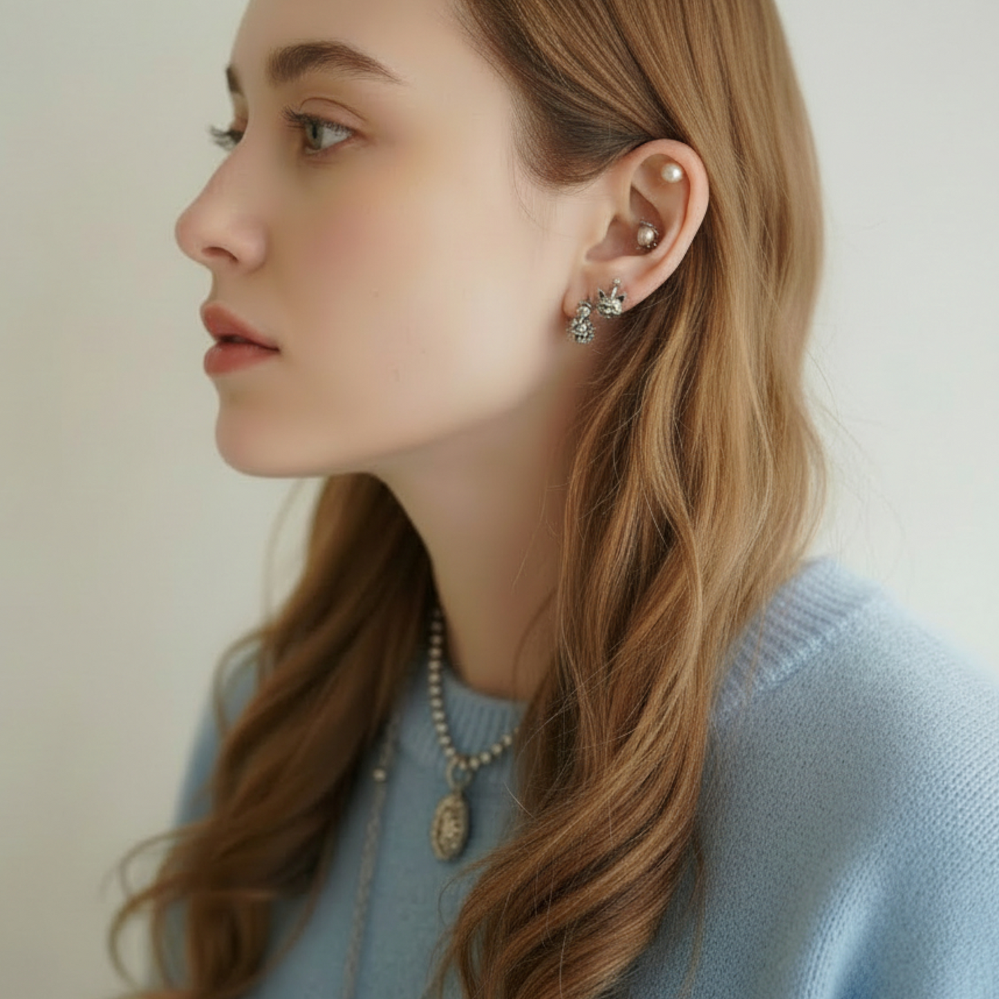 S925 Sterling Silver Heart Bear Bouquet Element Vintage Stud Earrings
