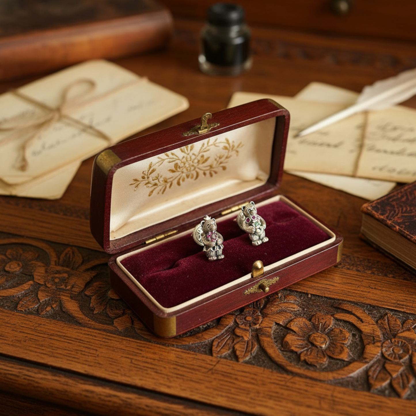 S925 Sterling Silver Heart Bear Bouquet Element Vintage Stud Earrings