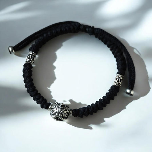 Real 999 Silver Awakening Lion Charm Hand Woven Unisex Rope Bracelet
