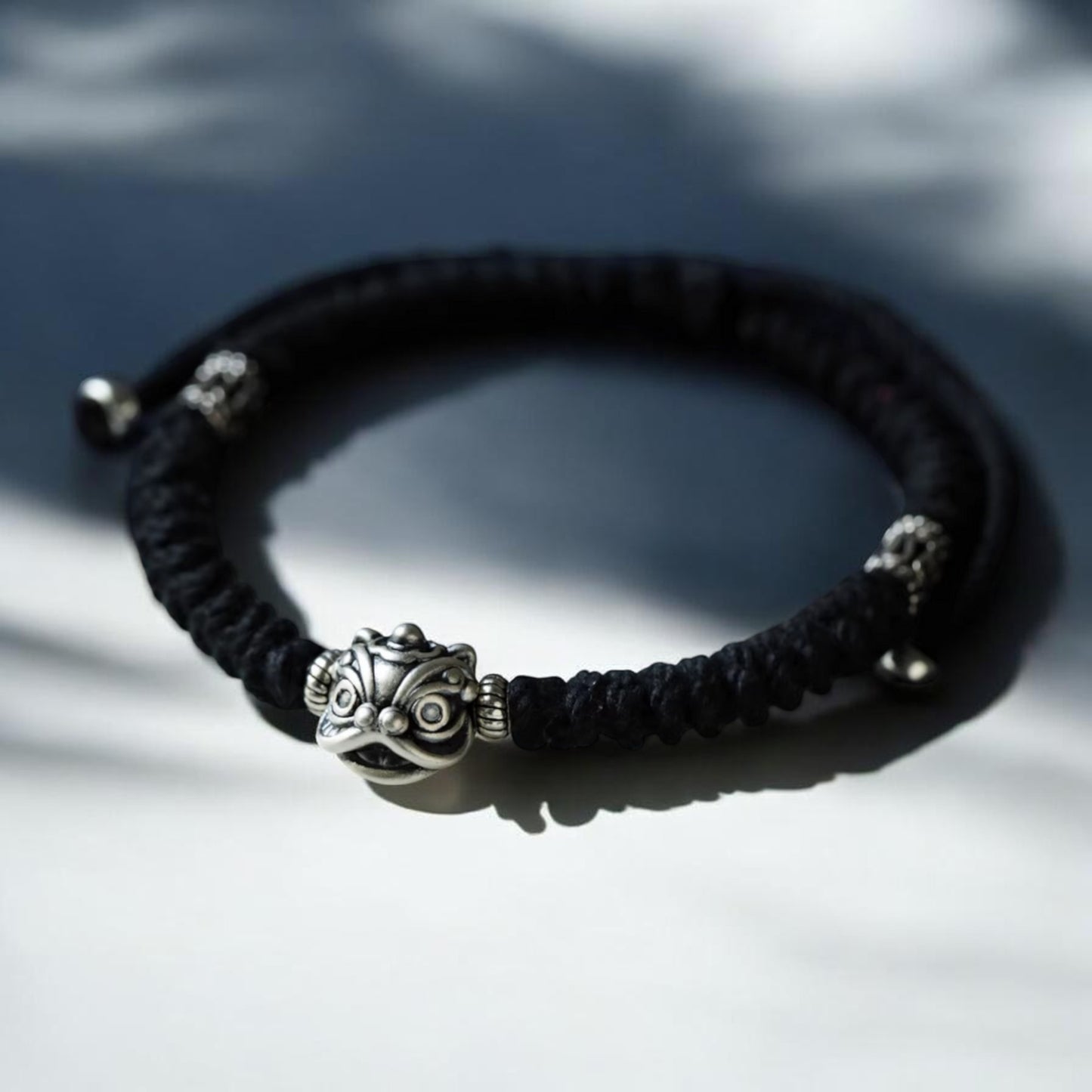 Real 999 Silver Awakening Lion Charm Hand Woven Unisex Rope Bracelet