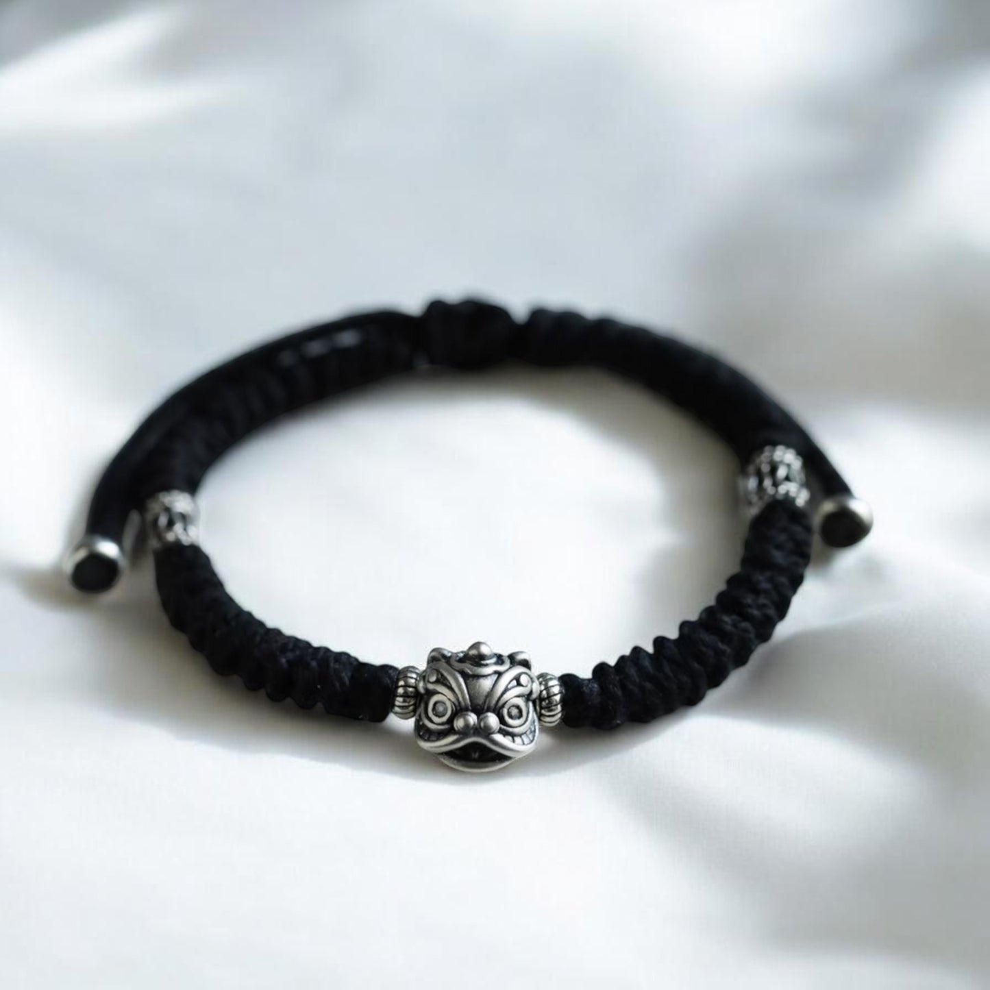 Real 999 Silver Awakening Lion Charm Hand Woven Unisex Rope Bracelet