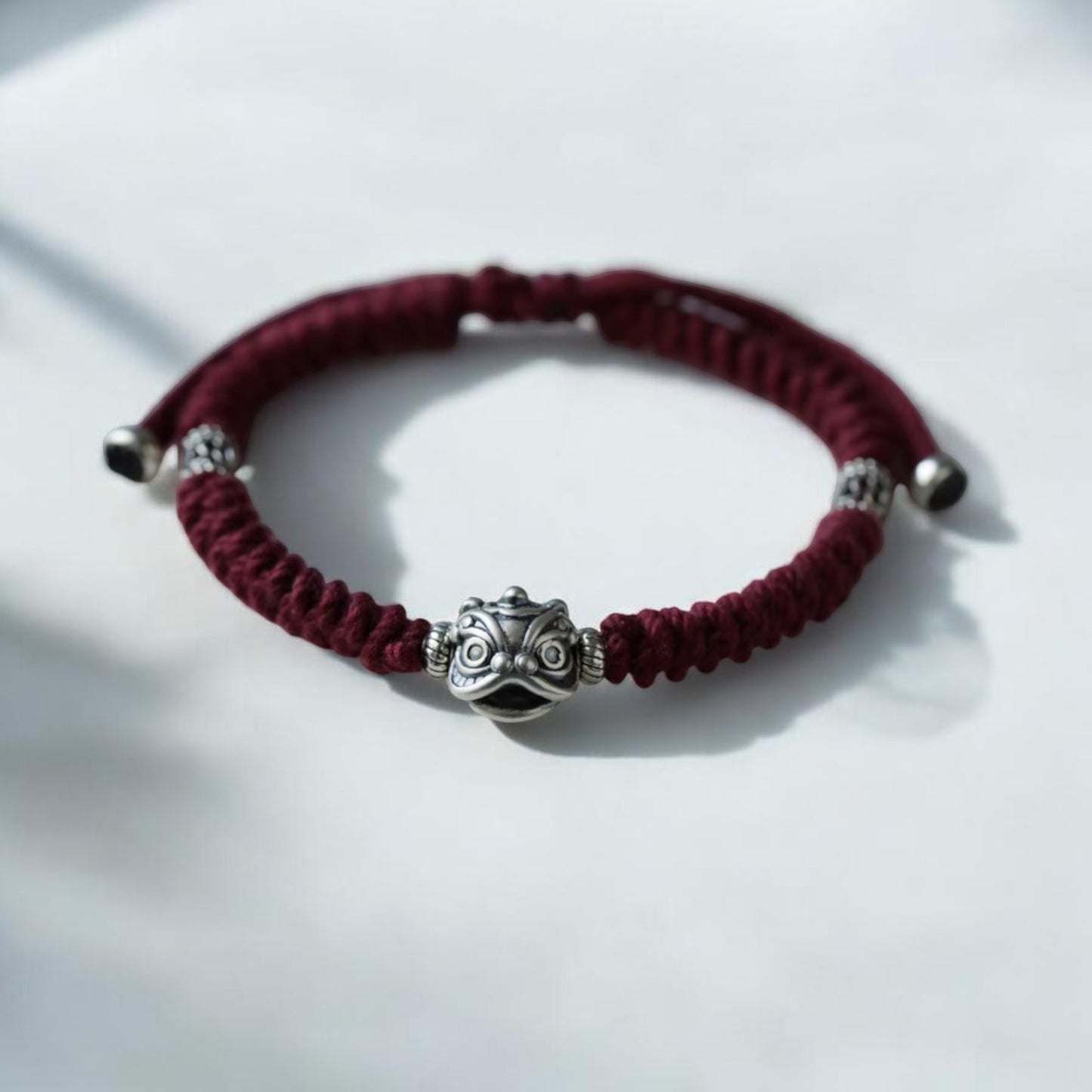 Real 999 Silver Awakening Lion Charm Hand Woven Unisex Rope Bracelet