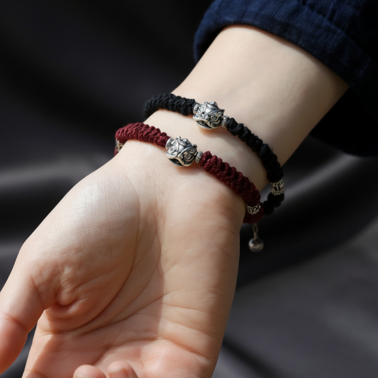 Real 999 Silver Awakening Lion Charm Hand Woven Unisex Rope Bracelet