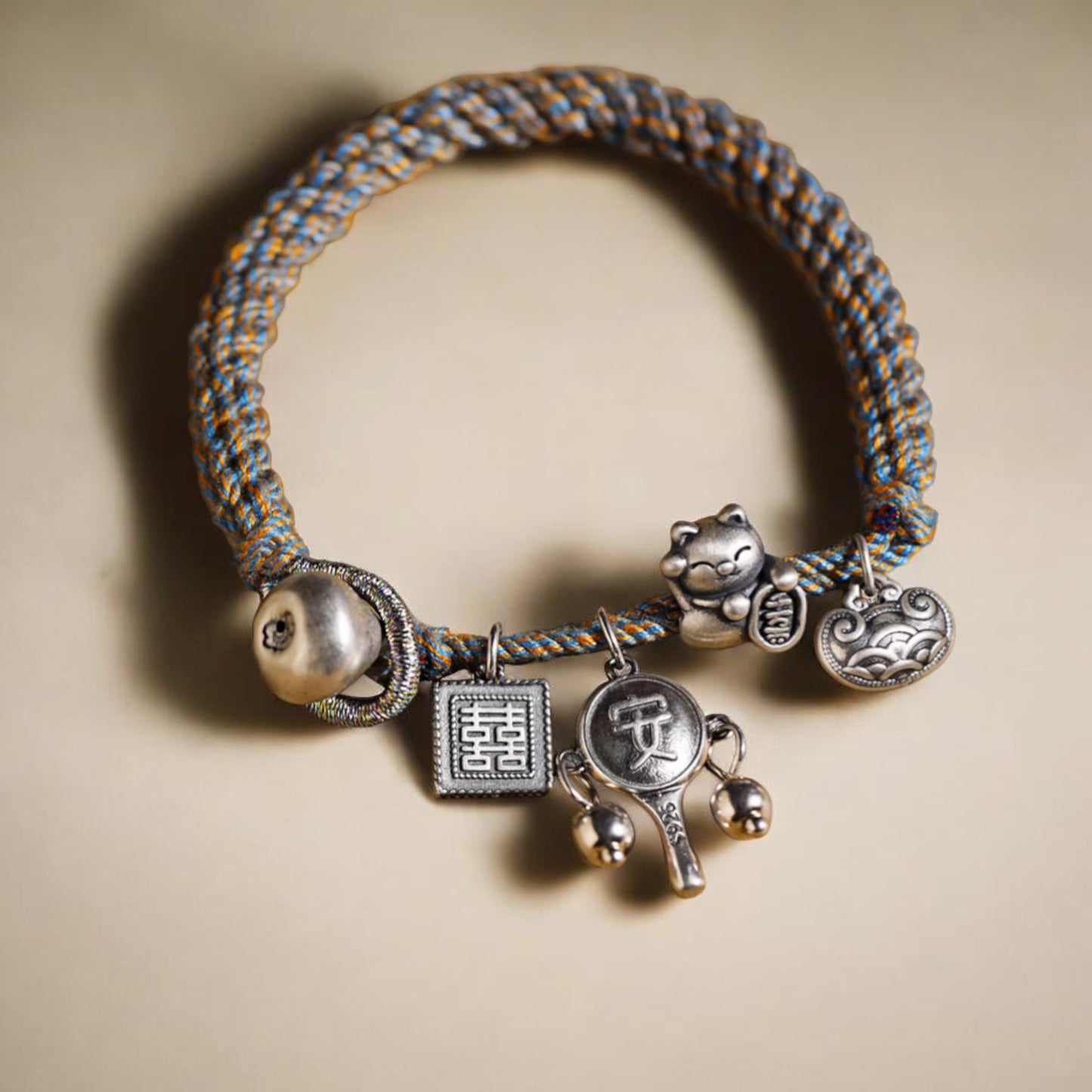 999 silver s925 Sterling Silver Lucky Cat Lock Charm Hand Woven Unisex Rope Bracelet