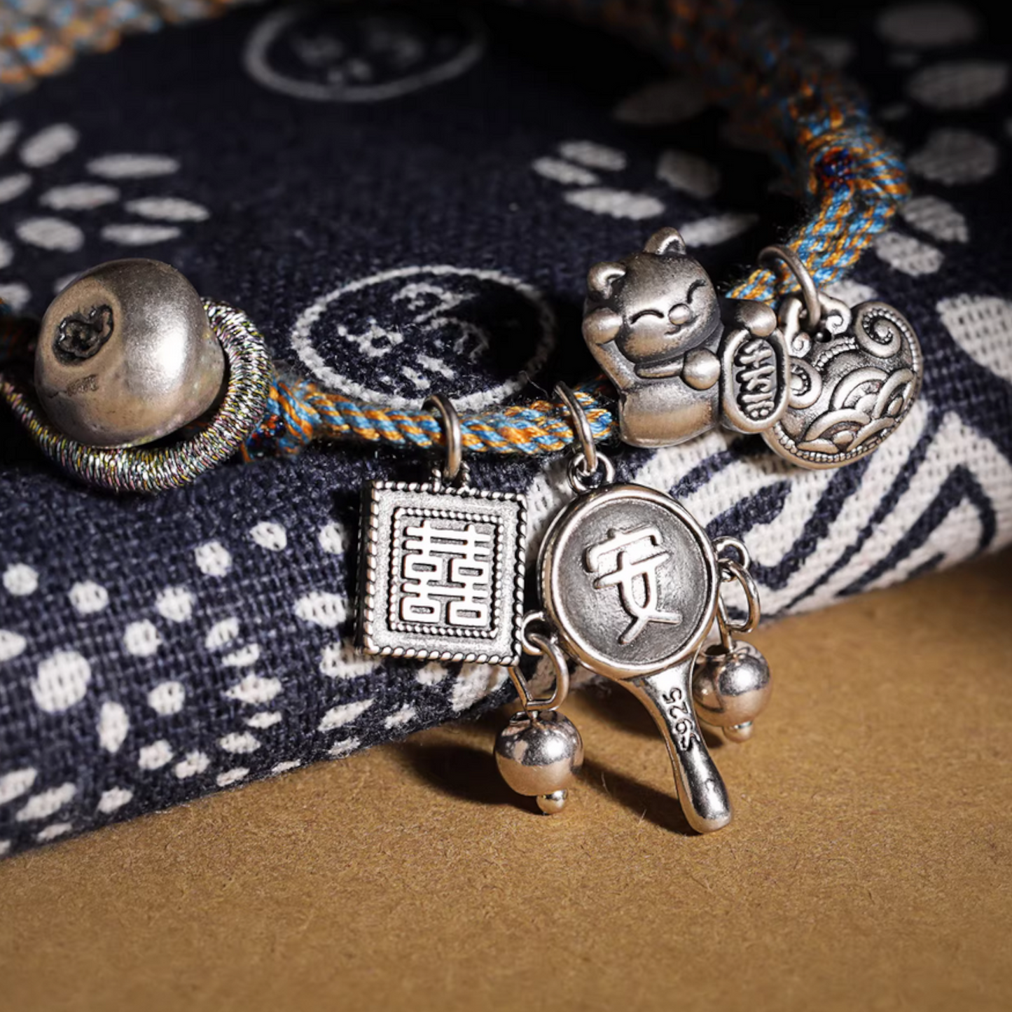 999 silver s925 Sterling Silver Lucky Cat Lock Charm Hand Woven Unisex Rope Bracelet